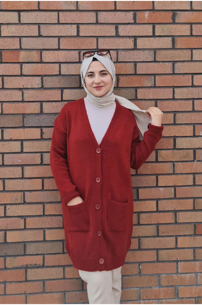 Düğme Detaylı Cepli Uzun Hırka Bordo