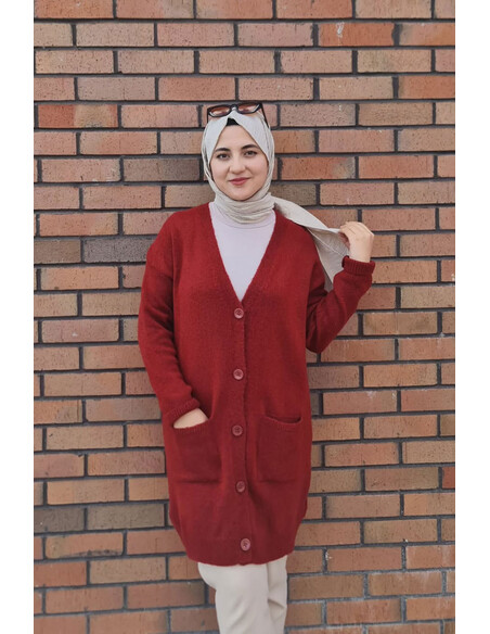 Düğme Detaylı Cepli Uzun Hırka Bordo
