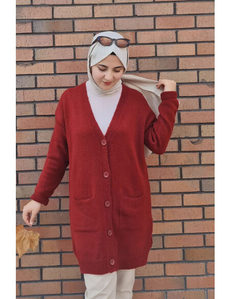 Düğme Detaylı Cepli Uzun Hırka Bordo