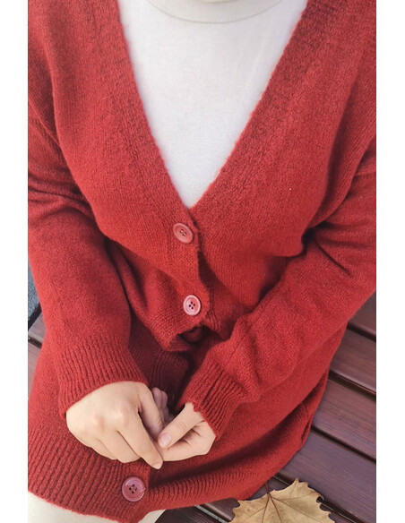 Düğme Detaylı Cepli Uzun Hırka Bordo