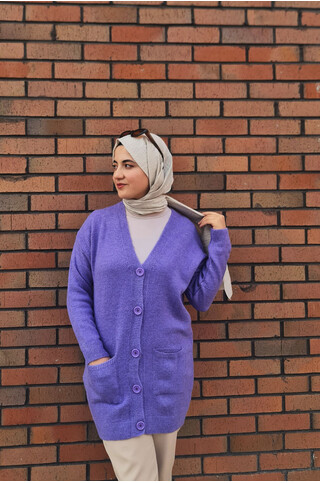 Düğme Detaylı Cepli Uzun Hırka Lila 2