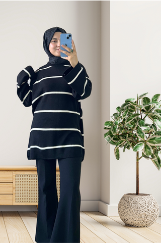 Çizgili Oversize Triko Kazak Siyah 2