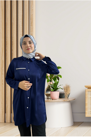 Cep Taş Detaylı Saten Gömlek Lacivert 2