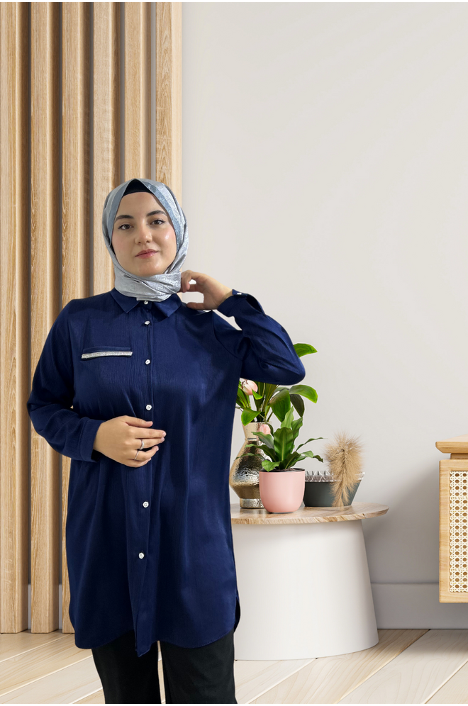 Cep Taş Detaylı Saten Gömlek Lacivert