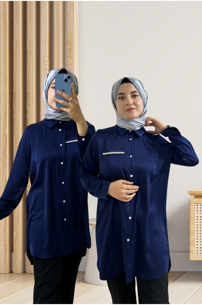 Cep Taş Detaylı Saten Gömlek Lacivert