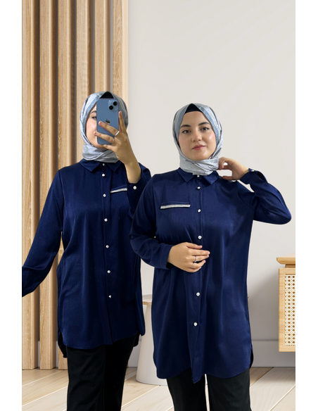 Cep Taş Detaylı Saten Gömlek Lacivert