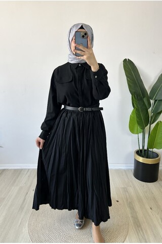 Kraş Kırışık Etek Siyah 2