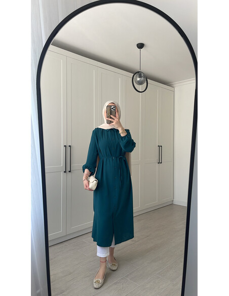 Elif İthal Krep Yırtmaçlı Tunik - Petrol Mavi