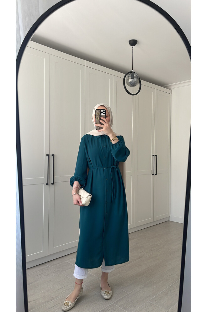 Elif İthal Krep Yırtmaçlı Tunik - Petrol Mavi