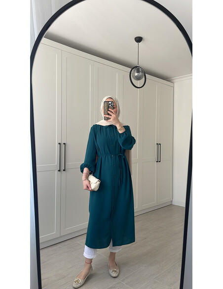Elif İthal Krep Yırtmaçlı Tunik - Petrol Mavi