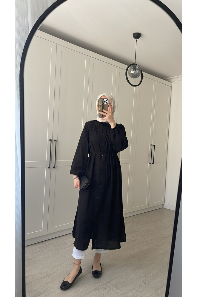 Elif İthal Krep Yırtmaçlı Tunik - Siyah