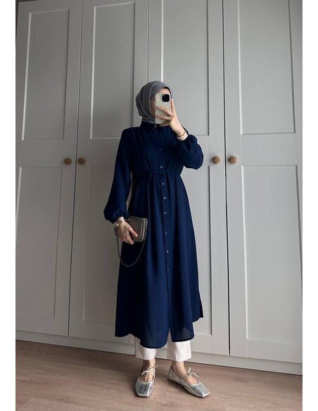 Elif İthal Krep Yırtmaçlı Tunik - Saks Mavi