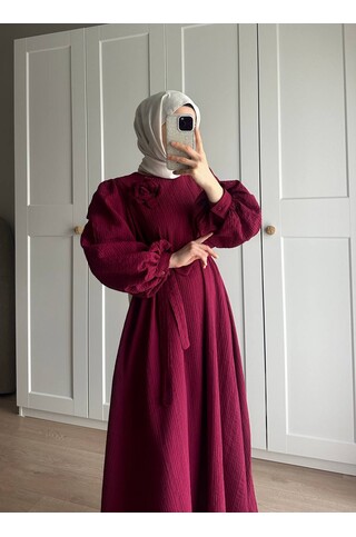 Lina Gül Detaylı Kuşaklı Elbise - Bordo 2