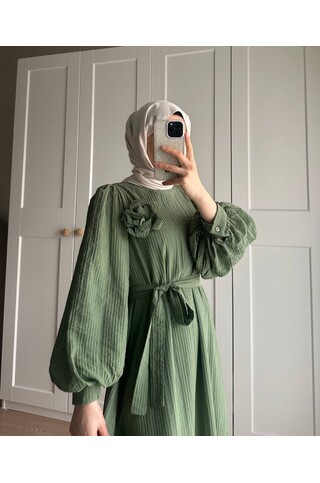 Lina Gül Detaylı Kuşaklı Elbise - Yeşil 2