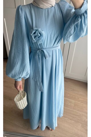 Lina Gül Detaylı Kuşaklı Elbise - Bebe Mavi 2