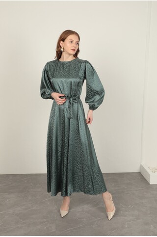 Jakar Kumaş Leopar Desen Kadın Elbise-Yeşil 2