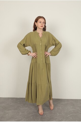 Modal Kumaş Kolu Lastikli Koyu Haki Elbise 2