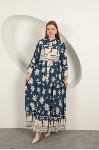 Viskon Kumaş Çiçek Desen Kadın Elbise-İndigo 2