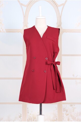 Kruvaze Kuşaklı Astarlı Yelek Bordo 2