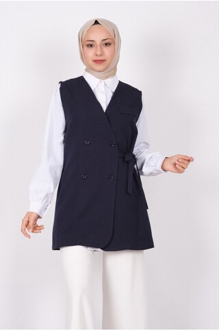 Kruvaze Kuşaklı Astarlı Yelek Lacivert 2