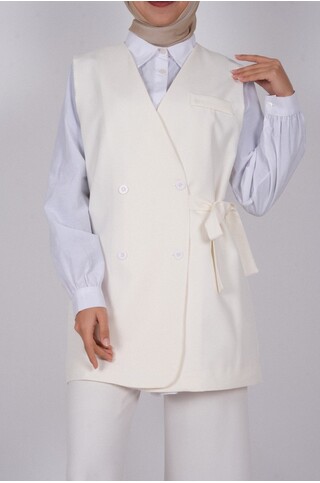 Kruvaze Kuşaklı Astarlı Yelek Beyaz 2