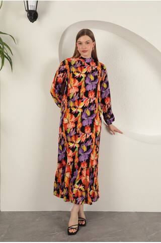 Viskon Kumaş Desenli Elbise-Oranj 2