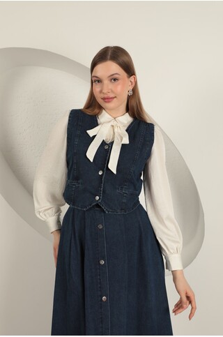 Denim Kumaş Yelekli Takım-Koyu Mavi 2