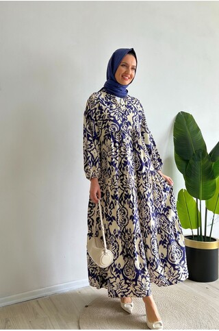 Hazeran Lacivert Desenli Yazlık Tesettür Elbise 2