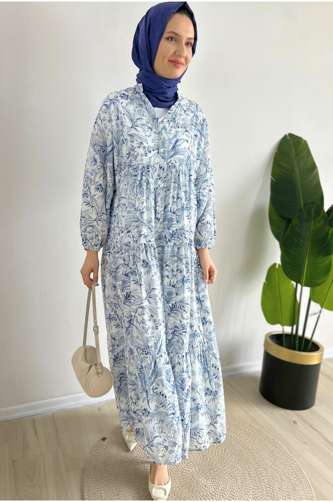Açık Mavi Yasemin Desenli Tesettür Elbise