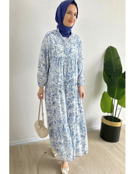 Açık Mavi Yasemin Desenli Tesettür Elbise