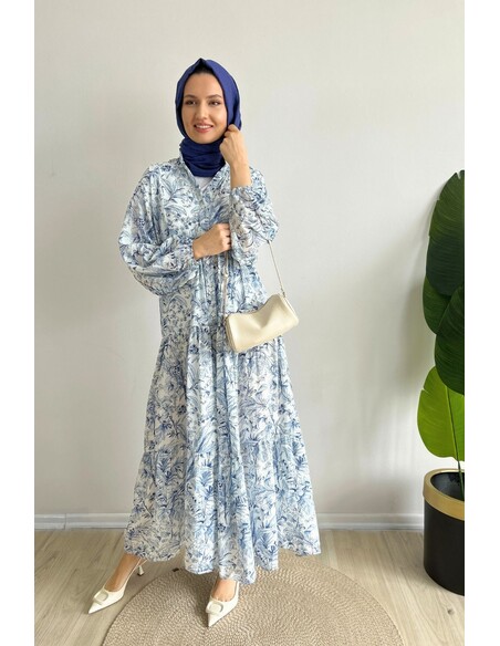 Açık Mavi Yasemin Desenli Tesettür Elbise