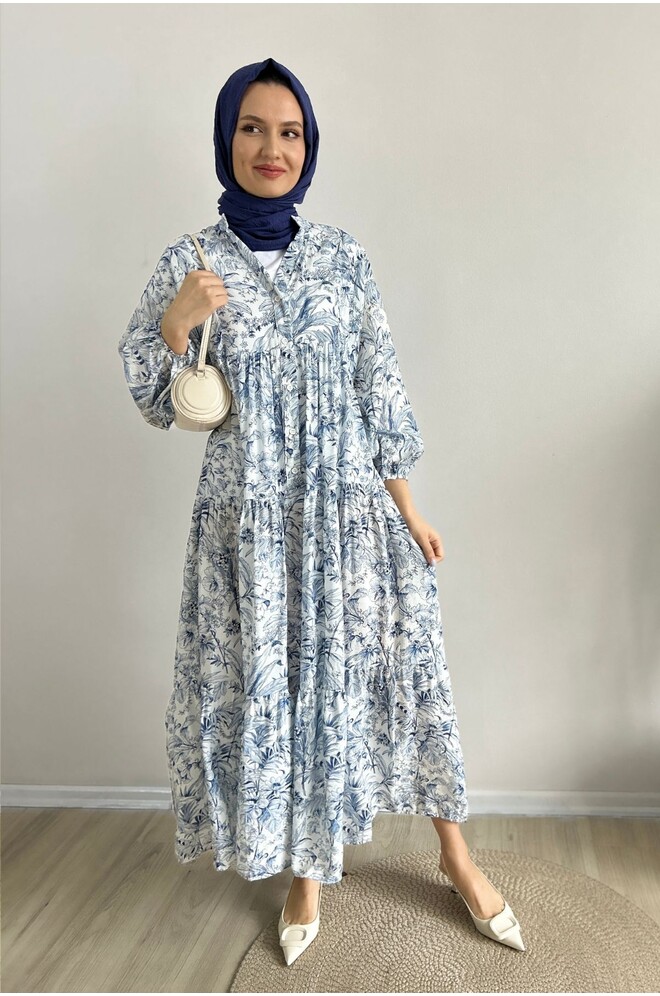 Açık Mavi Yasemin Desenli Tesettür Elbise