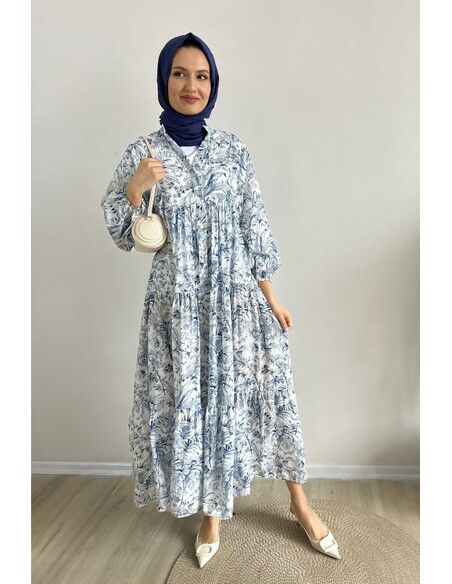 Açık Mavi Yasemin Desenli Tesettür Elbise
