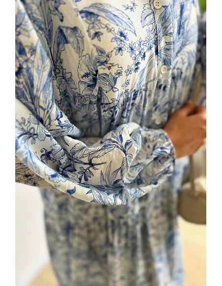 Açık Mavi Yasemin Desenli Tesettür Elbise