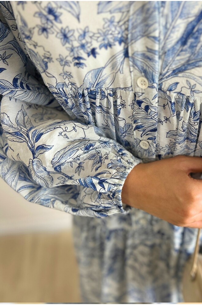 Açık Mavi Yasemin Desenli Tesettür Elbise