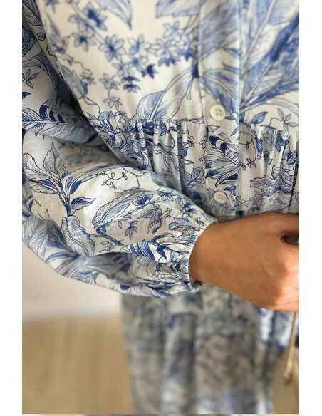 Açık Mavi Yasemin Desenli Tesettür Elbise