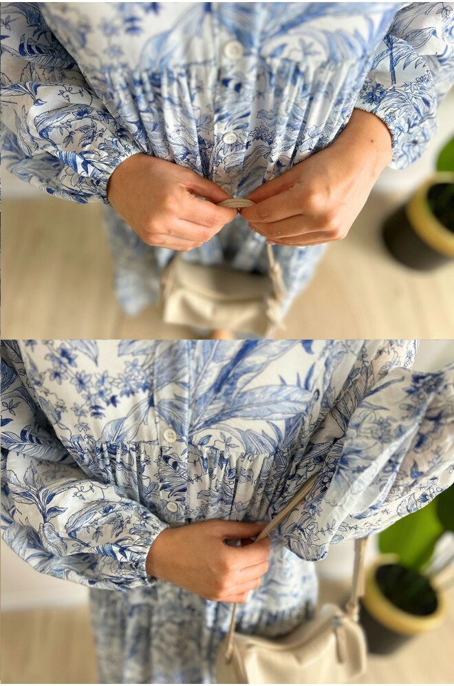 Açık Mavi Yasemin Desenli Tesettür Elbise