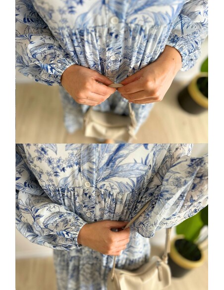 Açık Mavi Yasemin Desenli Tesettür Elbise