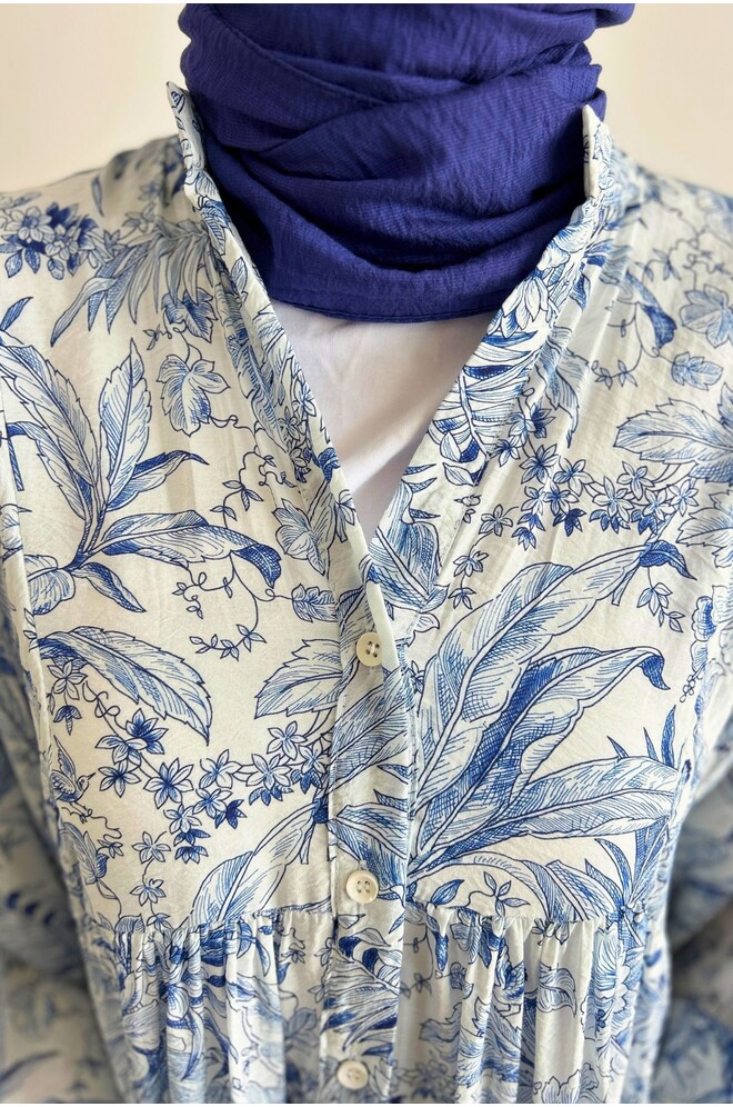 Açık Mavi Yasemin Desenli Tesettür Elbise