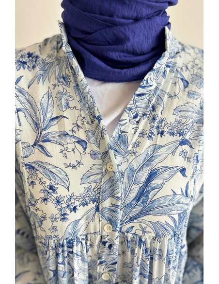 Açık Mavi Yasemin Desenli Tesettür Elbise