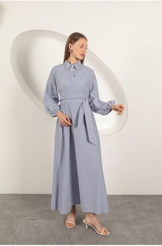 Çizgili Bağlama Detaylı Elbise-Saks 2