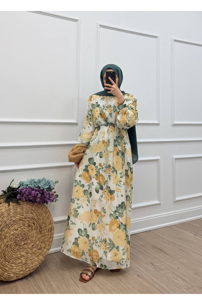 Lavinia Çiçek Desenli Şifon Elbise - Sarı