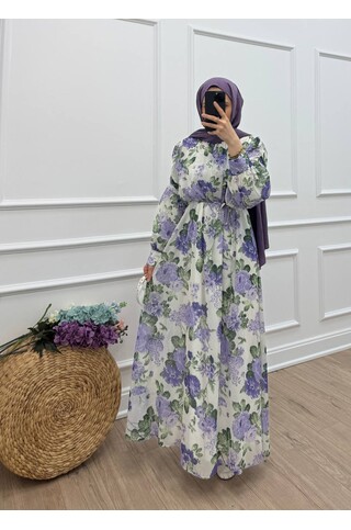 Lavinia Çiçek Desenli Şifon Elbise - Menekşe