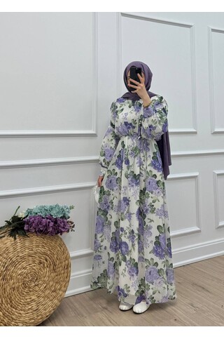 Lavinia Çiçek Desenli Şifon Elbise - Menekşe 2