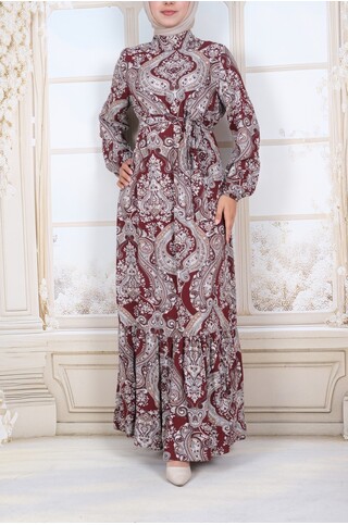 Etnik Desenli Tesettür Elbise Viskon Kumaş - Bordo 2
