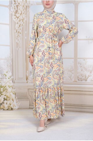 Etnik Desenli Tesettür Elbise Viskon Kumaş - Sarı 2