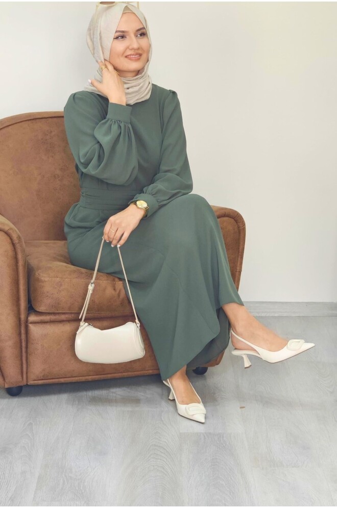 Narin Krep Tesettür Elbise - Çağla Rengi