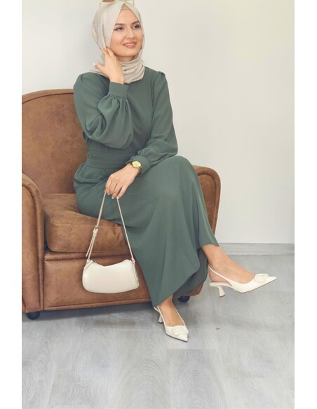 Narin Krep Tesettür Elbise - Çağla Rengi