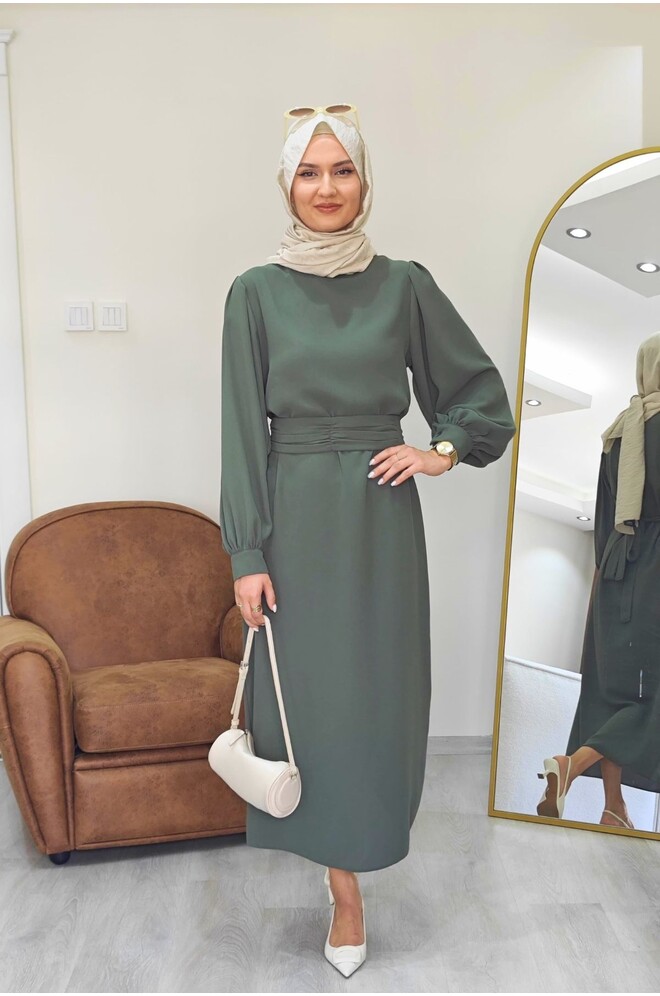 Narin Krep Tesettür Elbise - Çağla Rengi