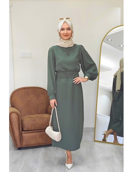 Narin Krep Tesettür Elbise - Çağla Rengi